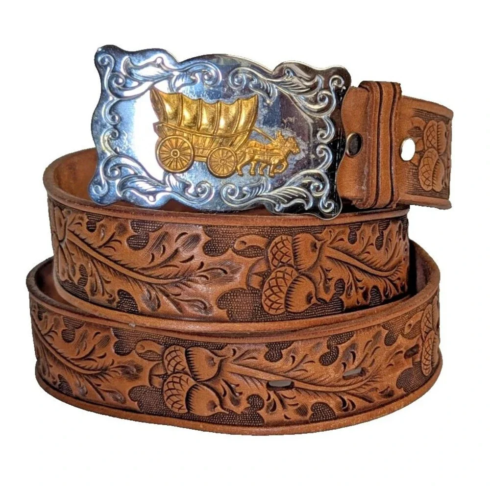 Chambers Leather Belt Co. USA Belt Buckle Covered Wagon Oak Leaves Acorn Belt